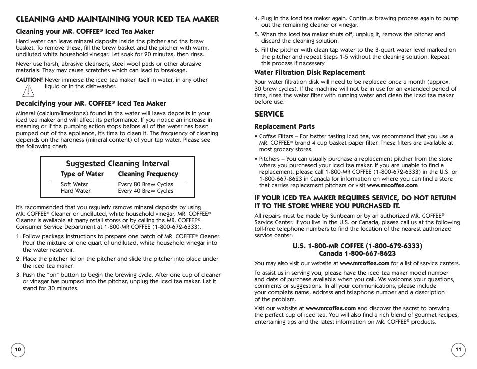 Cleaning and maintaining your iced tea maker, Suggested cleaning interval, Service | Mr. Coffee TM70 User Manual | Page 7 / 14