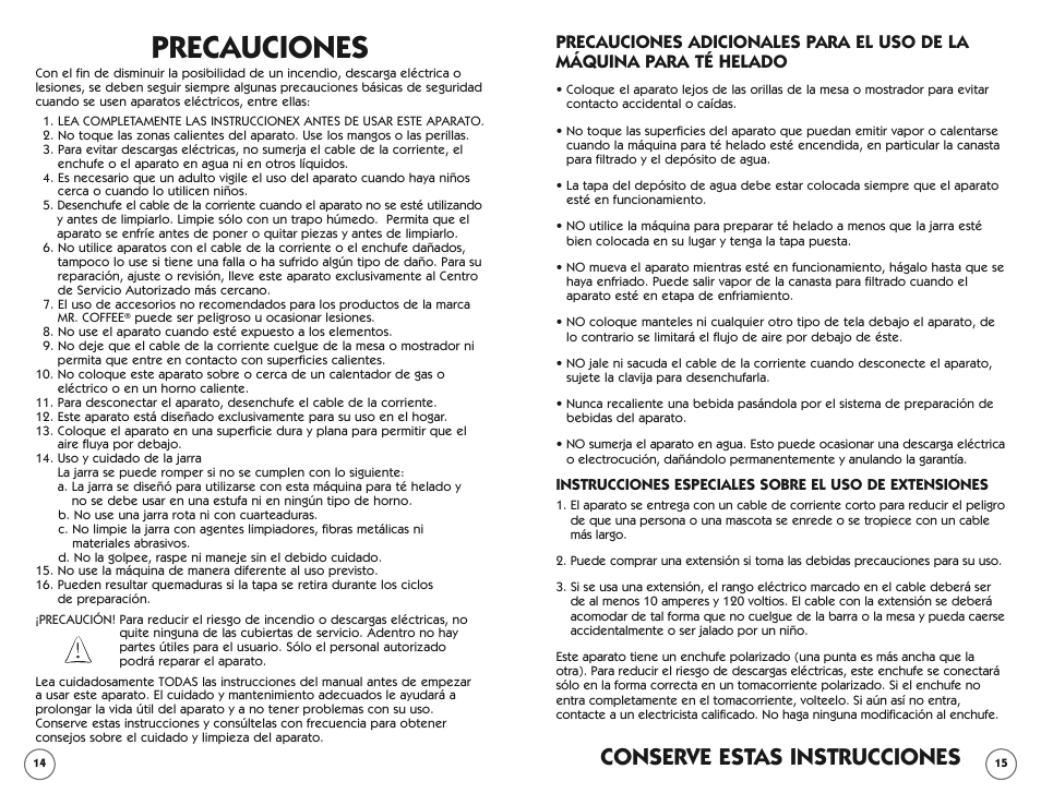 Precauciones, Conserve estas instrucciones | Mr. Coffee TM70 User Manual | Page 9 / 14