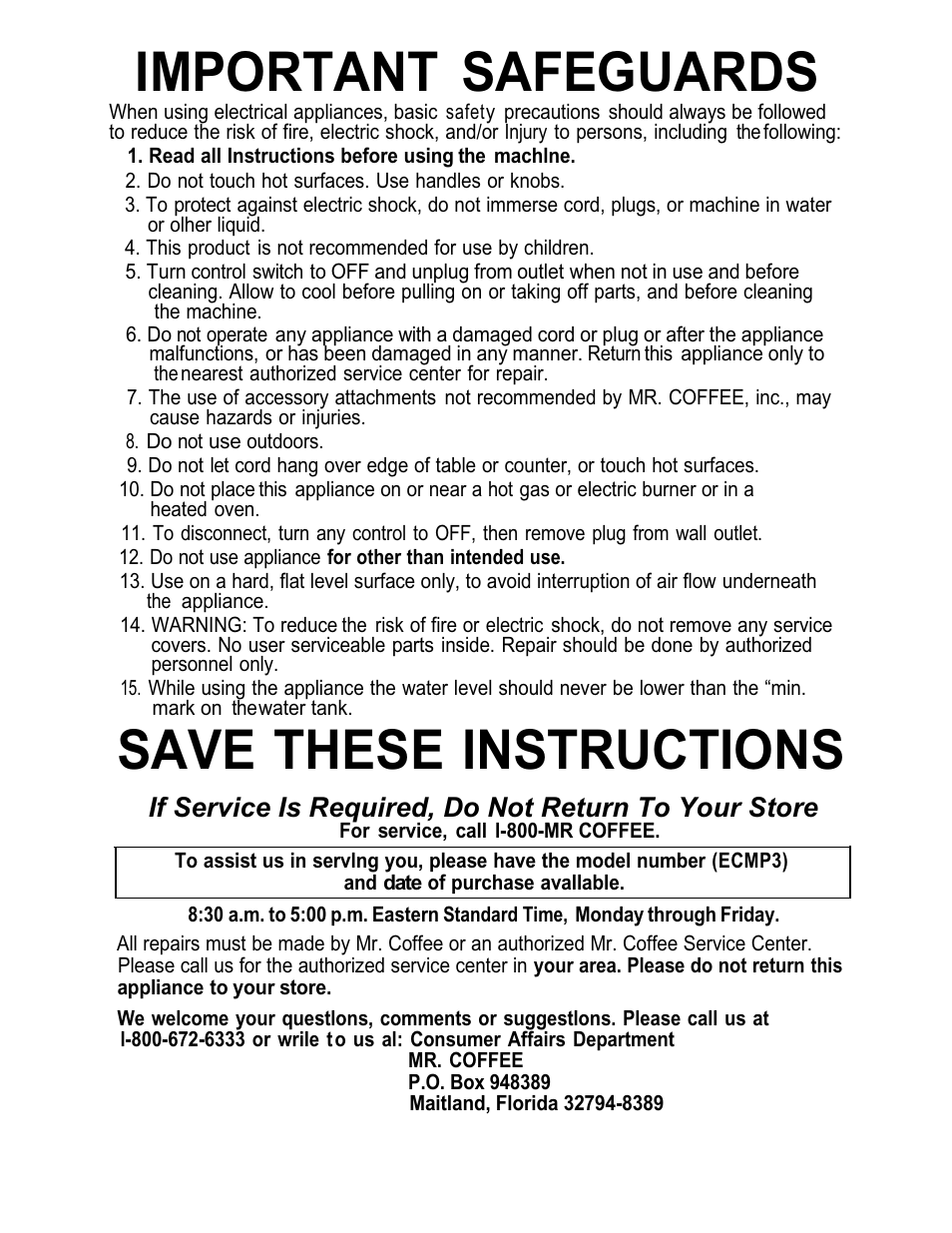 Important safeguards, Save these instructions | Mr. Coffee ECMP3 User Manual | Page 2 / 12