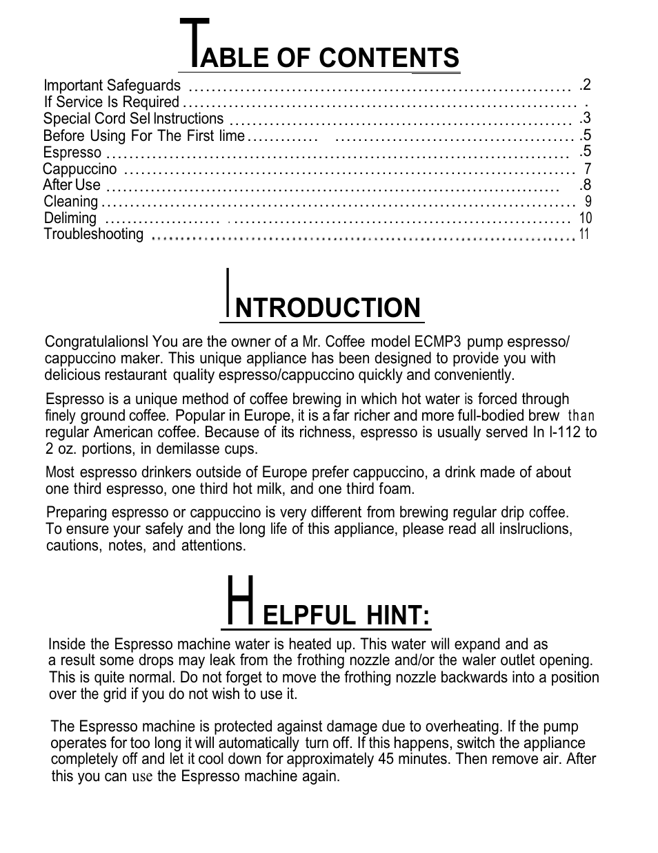 Able of contents, Ntroduction, Elpful hint | Mr. Coffee ECMP3 User Manual | Page 4 / 12