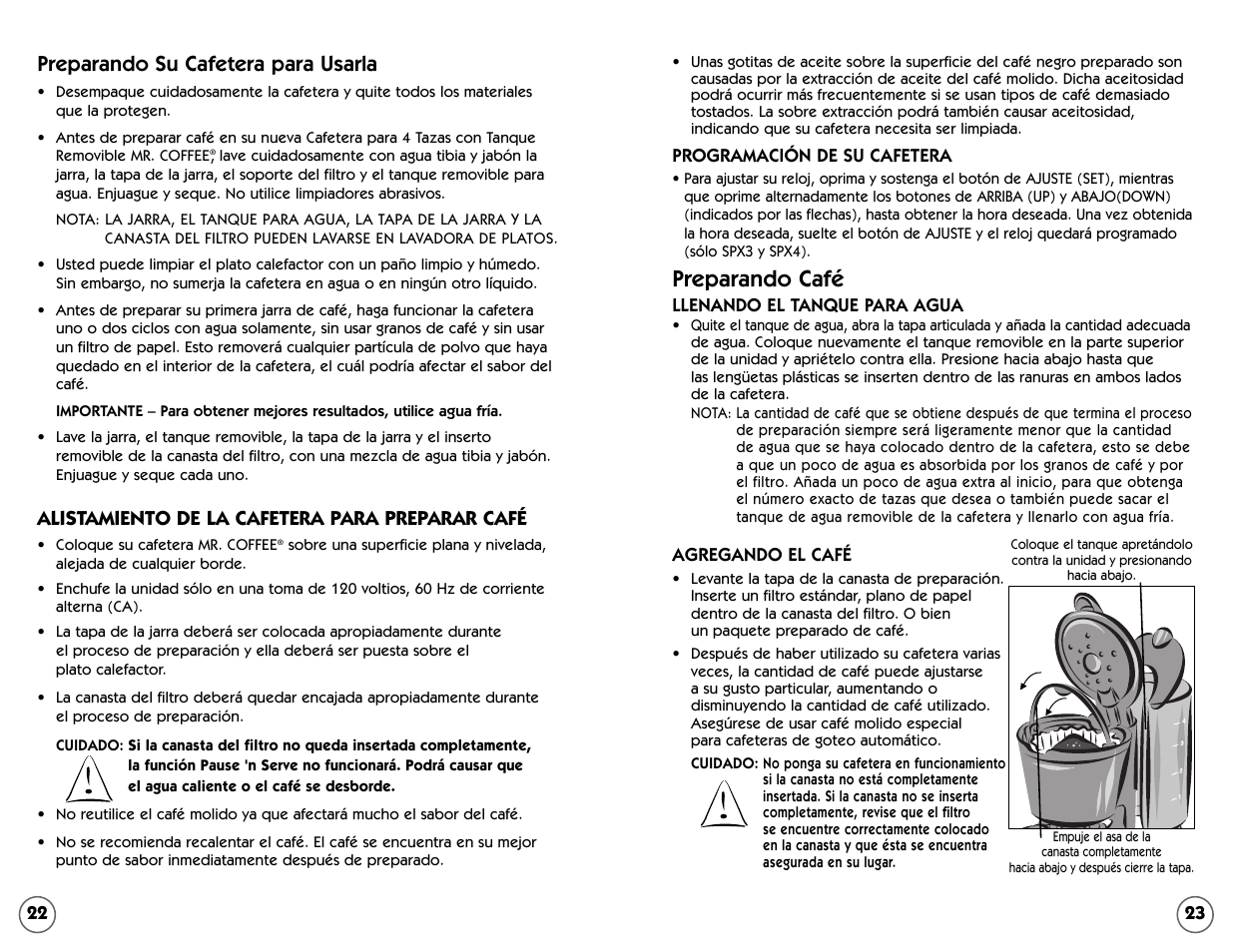 Preparando café, Preparando su cafetera para usarla | Mr. Coffee 109041 User Manual | Page 12 / 16