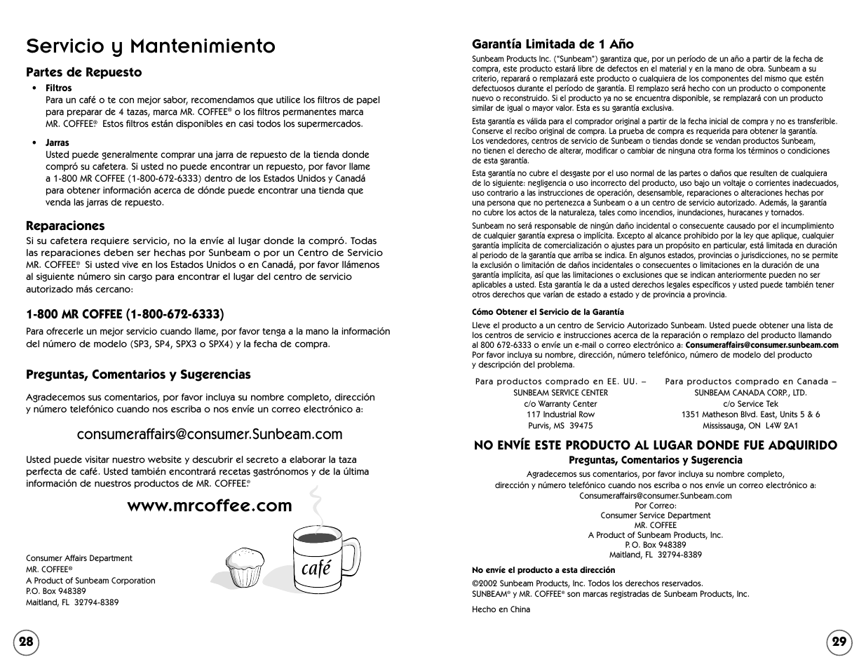 Servicio y mantenimiento, Café, Partes de repuesto | Reparaciones, Preguntas, comentarios y sugerencias | Mr. Coffee 109041 User Manual | Page 15 / 16