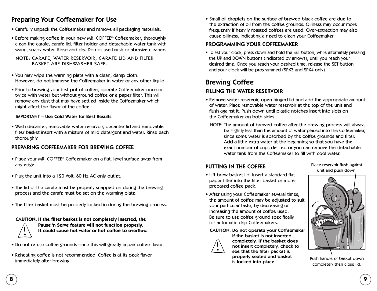 Brewing coffee, Preparing your coffeemaker for use | Mr. Coffee 109041 User Manual | Page 5 / 16