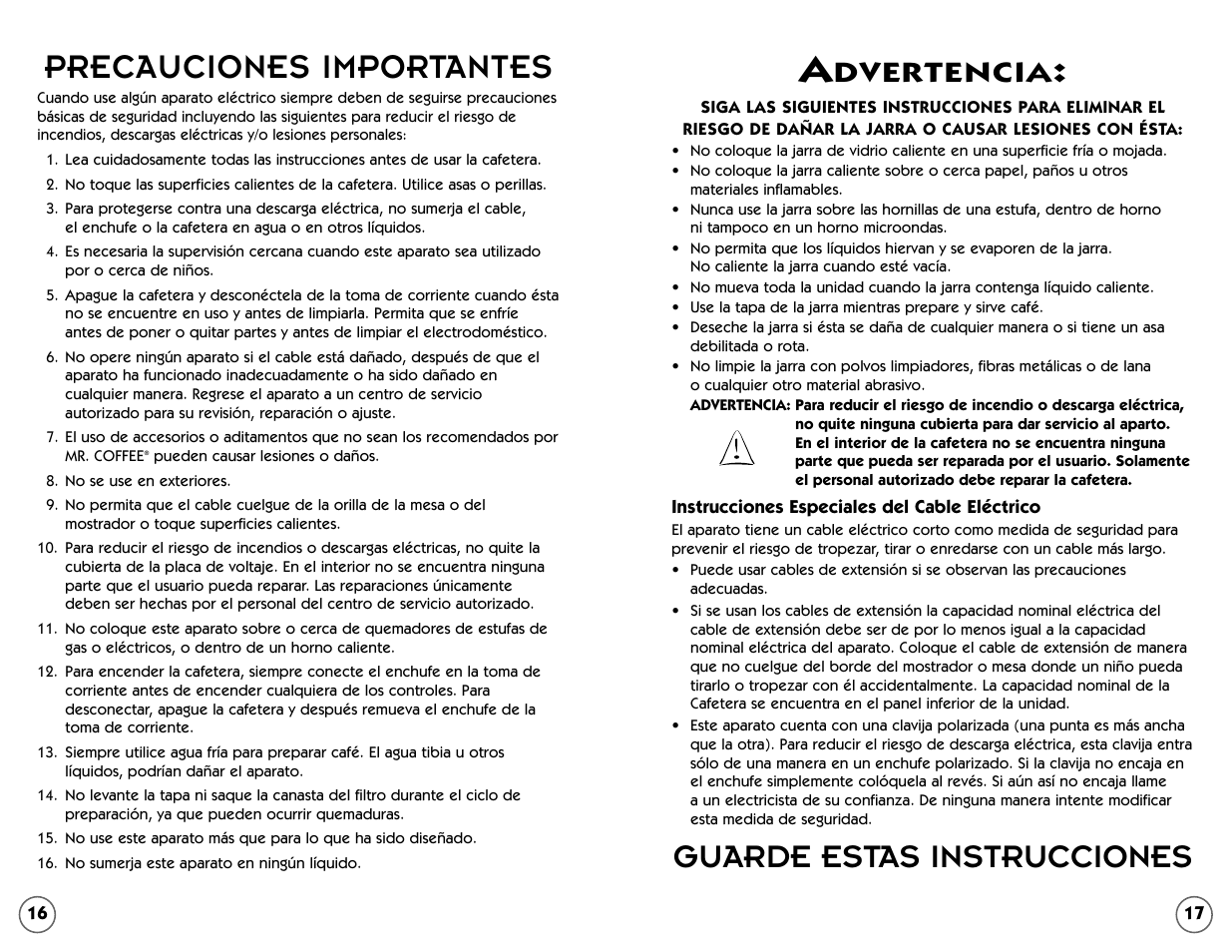 Precauciones importantes, Guarde estas instrucciones, Dvertencia | Mr. Coffee 109041 User Manual | Page 9 / 16