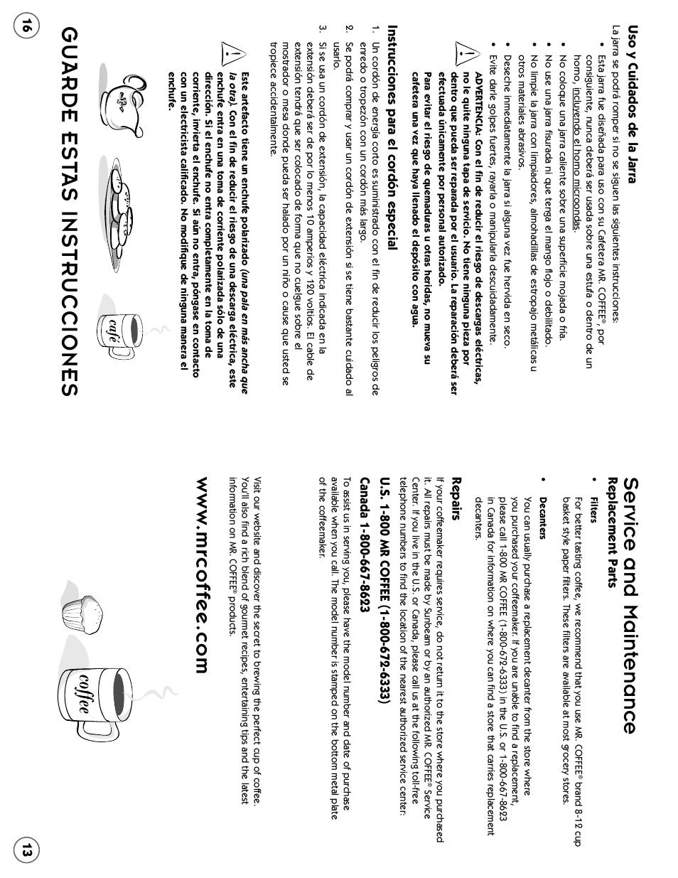 Guarde est as instrucciones, Service and maintenance | Mr. Coffee SB User Manual | Page 13 / 14