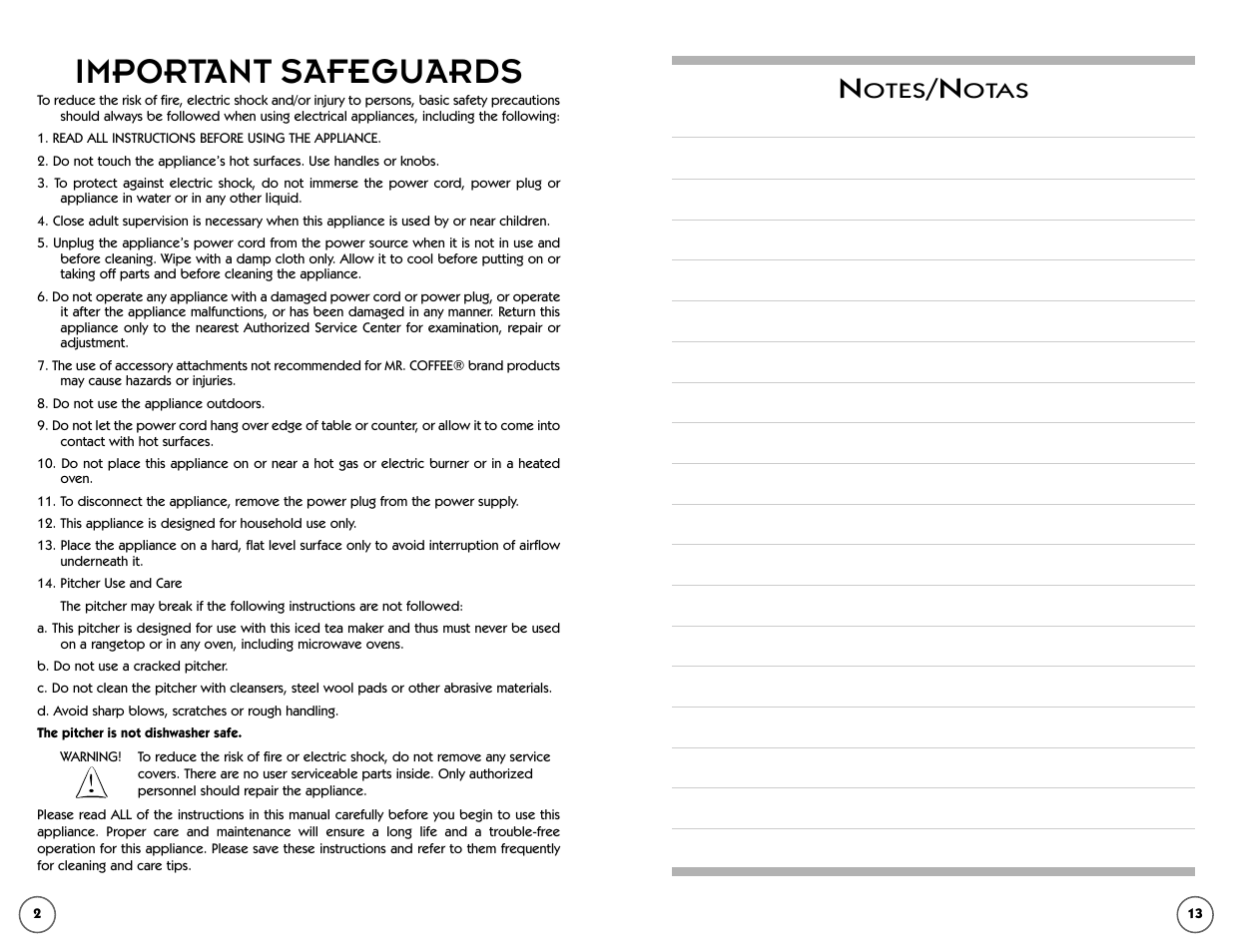 Important safeguards, Otes, Otas | Mr. Coffee Iced Tea and Iced Coffee Maker TM50 User Manual | Page 2 / 7