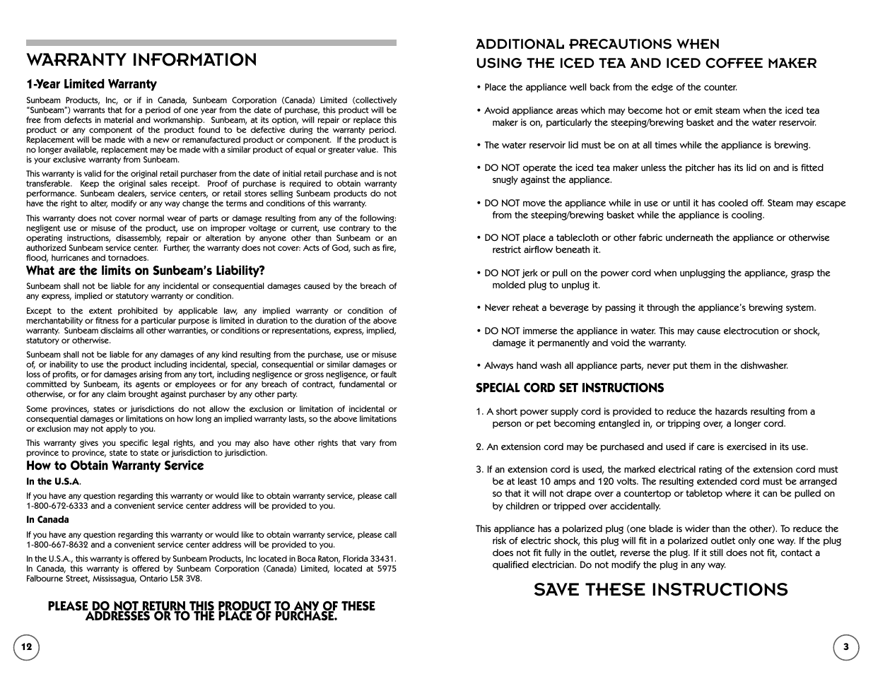 Warranty information, Save these instructions | Mr. Coffee Iced Tea and Iced Coffee Maker TM50 User Manual | Page 3 / 7