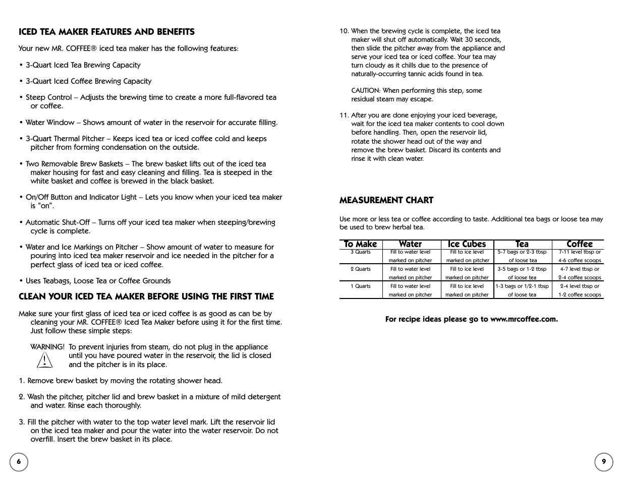 Measurement chart, Iced tea maker features and benefits | Mr. Coffee Iced Tea and Iced Coffee Maker TM50 User Manual | Page 6 / 7