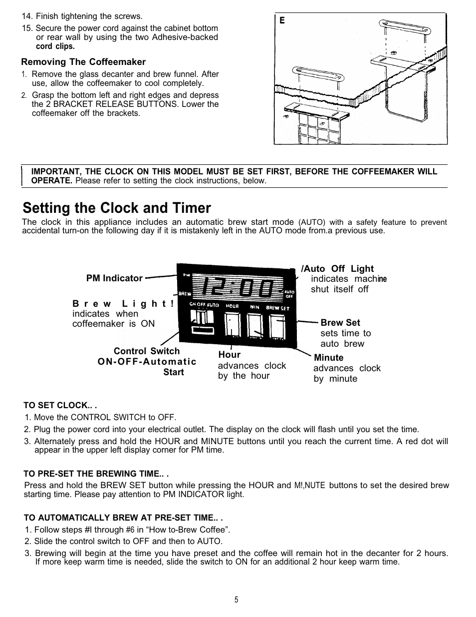 Setting the clock and timer | Mr. Coffee 403 Series User Manual | Page 5 / 8