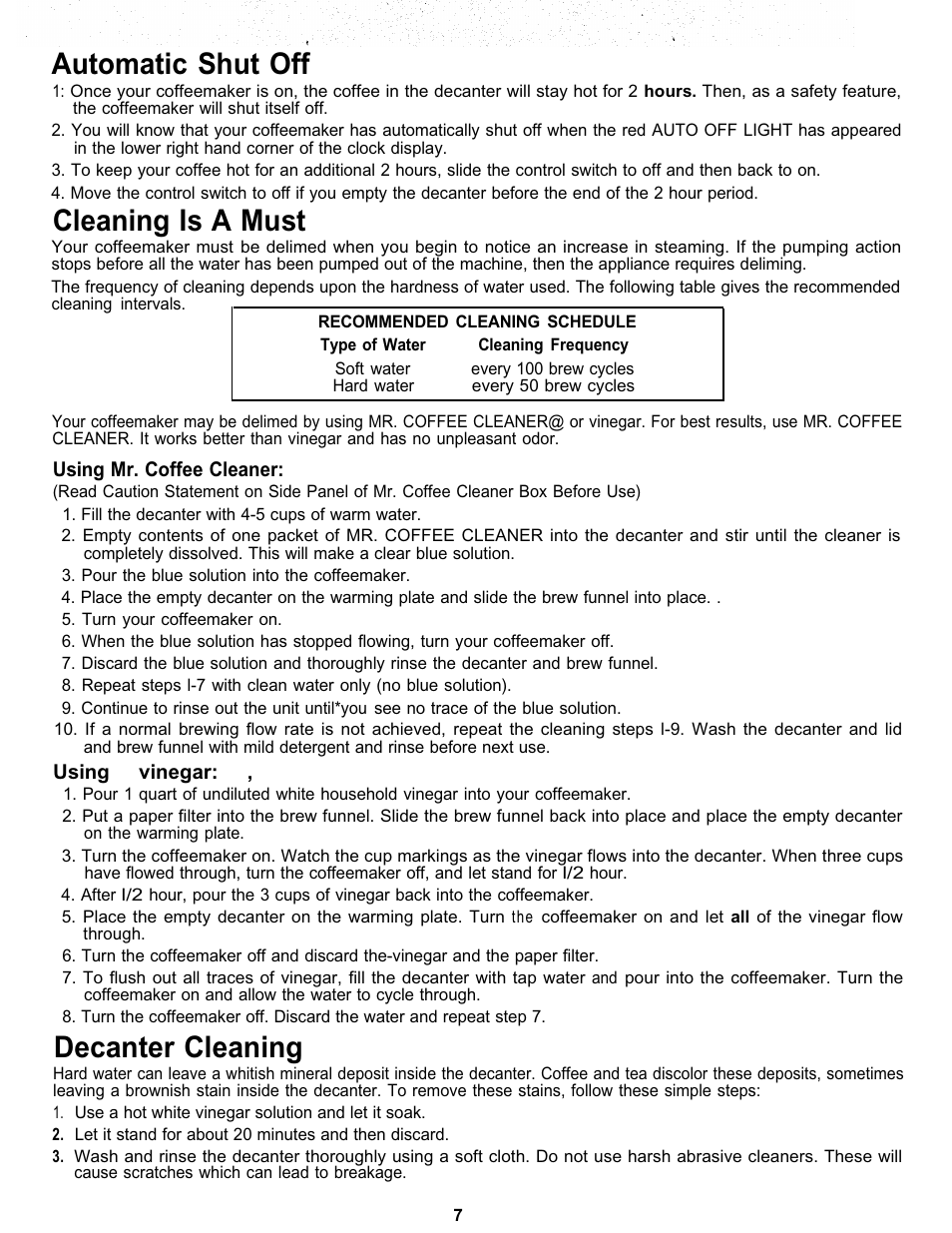 Automatic shut off, Cleaning is a must, Decanter cleaning | Mr. Coffee 403 Series User Manual | Page 7 / 8