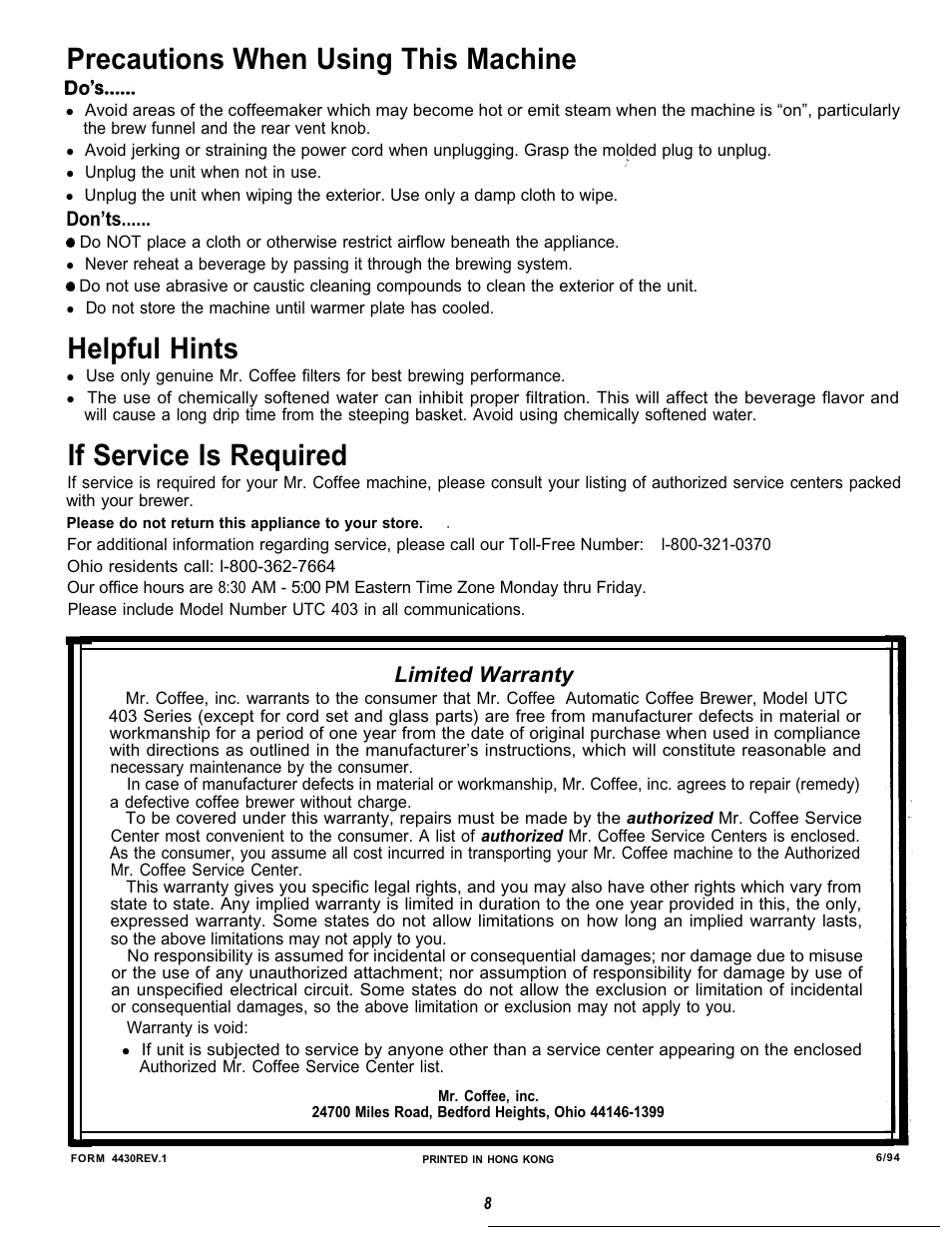 Precautions when using this machine, Helpful hints, If service is required | Limited warranty, Don’ts | Mr. Coffee 403 Series User Manual | Page 8 / 8