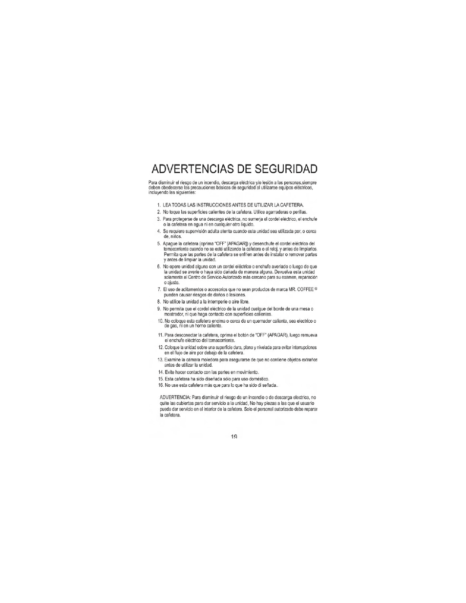 Advertencias de seguridad | Mr. Coffee GB Series User Manual | Page 20 / 38