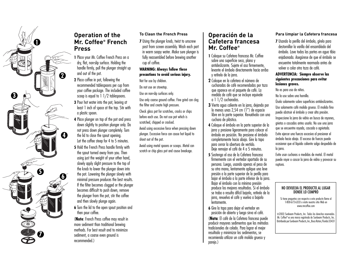 Operation of the mr. coffee, French press, Operación de la cafetera francesa mr. coffee | Mr. Coffee 111571 User Manual | Page 2 / 2