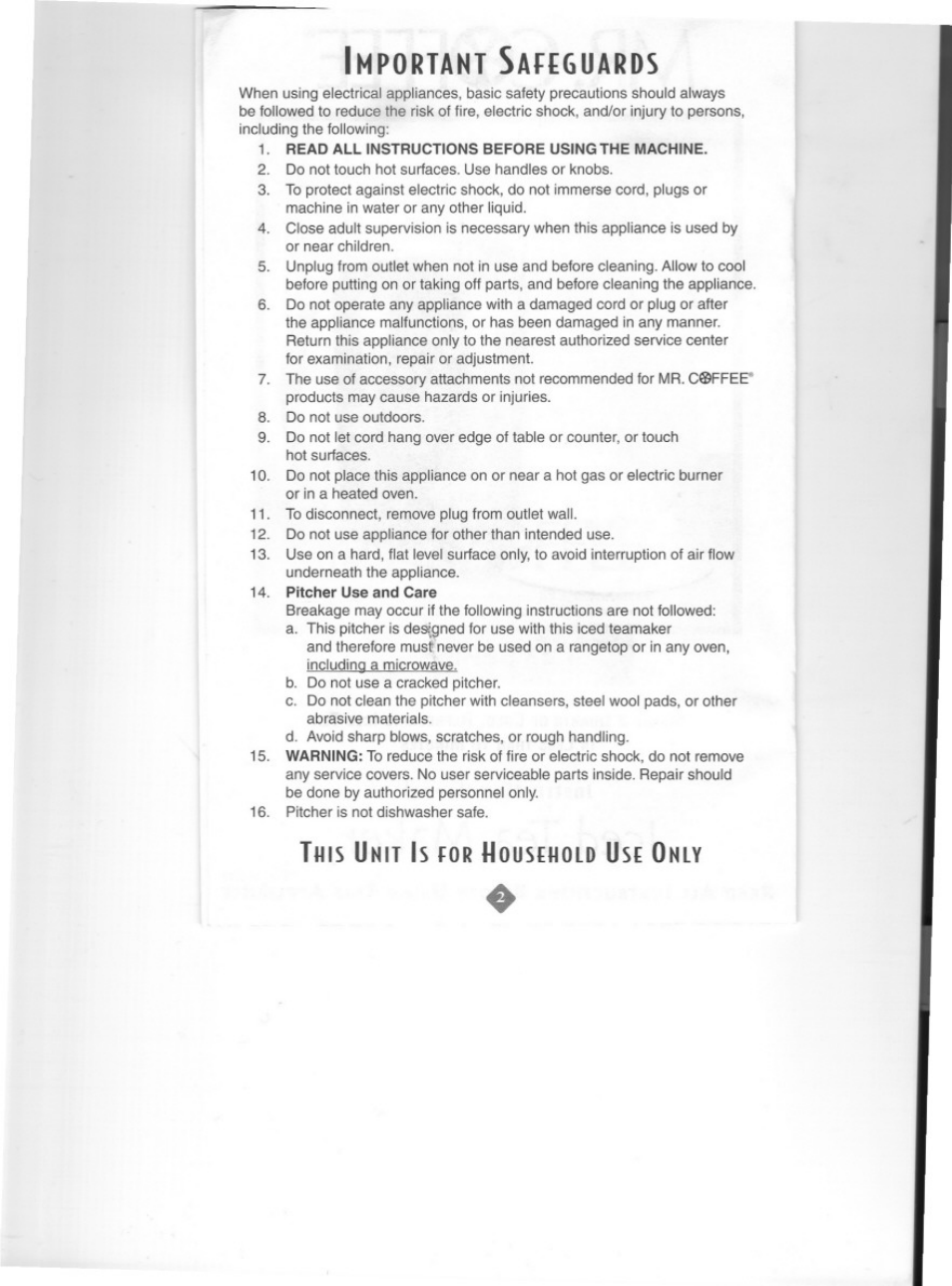Mportant, Afeguards | Mr. Coffee TM3 SERIES User Manual | Page 2 / 12