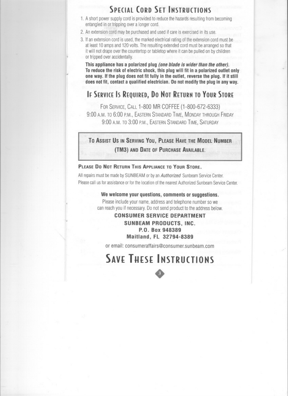 Hese, Pecial, Nstructions | Mr. Coffee TM3 SERIES User Manual | Page 3 / 12