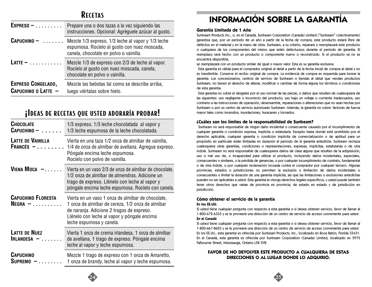 Información sobre la garantía | Mr. Coffee ECMP40 User Manual | Page 13 / 14