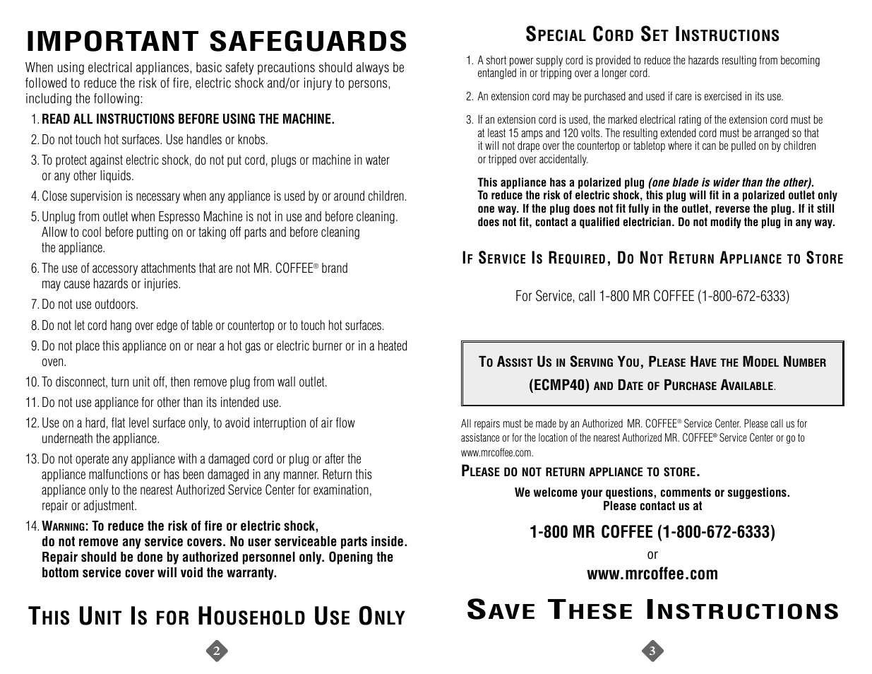 Important safeguards, Hese, Nstructions | S for, Ousehold | Mr. Coffee ECMP40 User Manual | Page 2 / 14