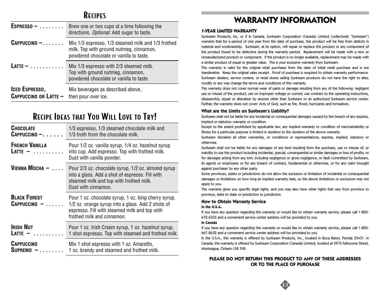 Warranty information | Mr. Coffee ECMP40 User Manual | Page 7 / 14