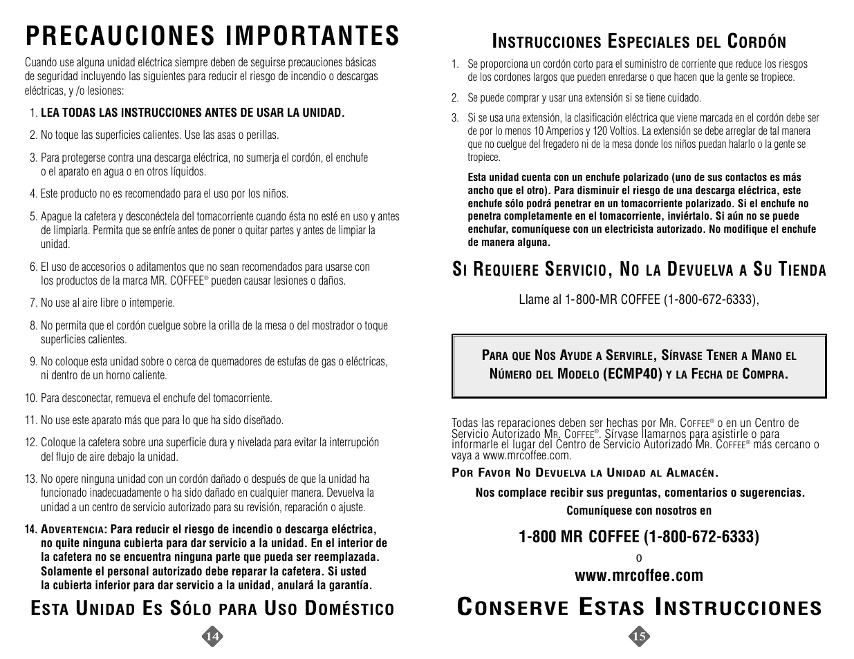 Precauciones importantes, Onserve, Stas | Nstrucciones | Mr. Coffee ECMP40 User Manual | Page 8 / 14