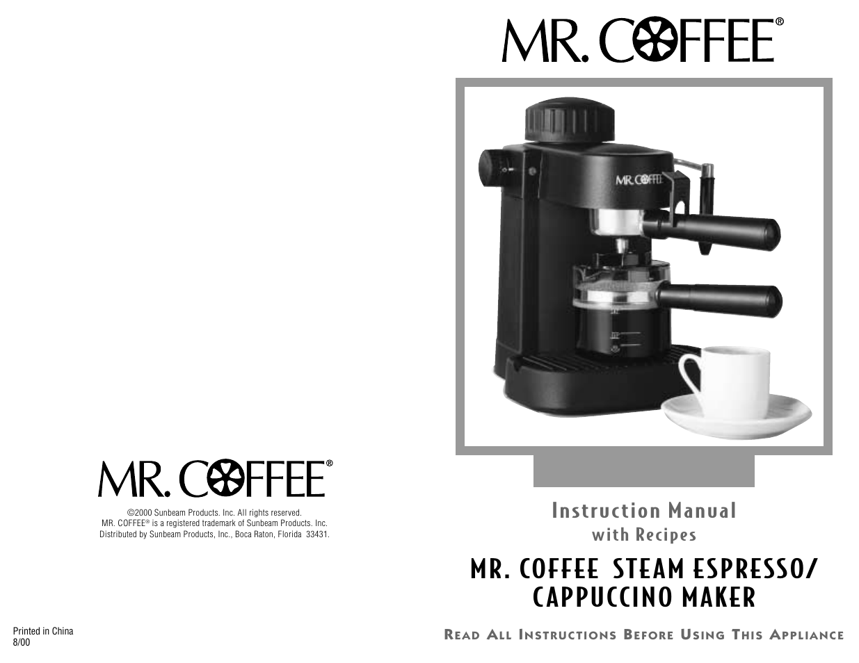 Mr. coffee, Ste am espresso/ c appuccino maker, Ecm10 | Instr uc tion manual, Odel, With recipe s | Mr. Coffee ECM10 User Manual | Page 16 / 16
