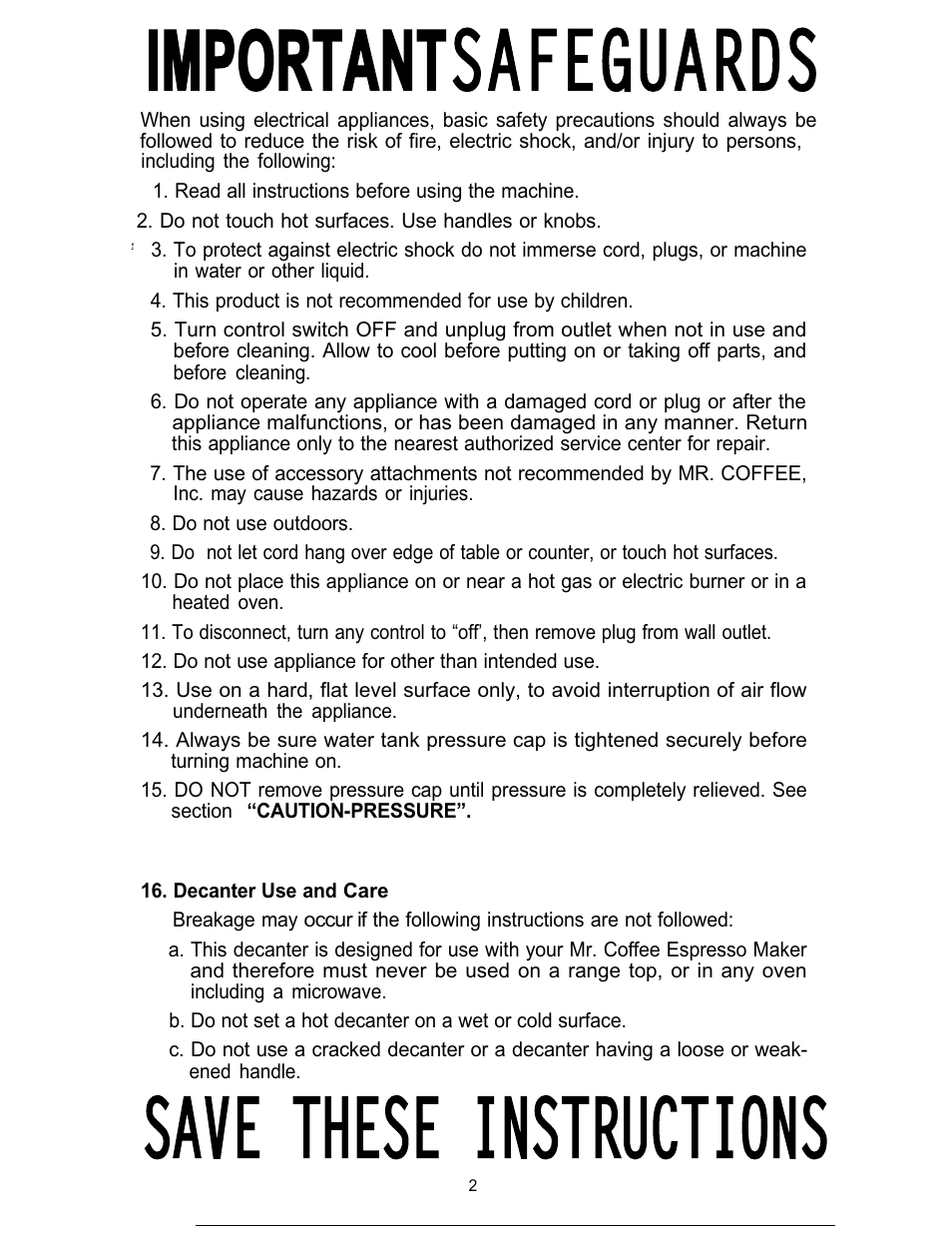 Important safeguards, Save these instructions | Mr. Coffee ECM7 User Manual | Page 2 / 12