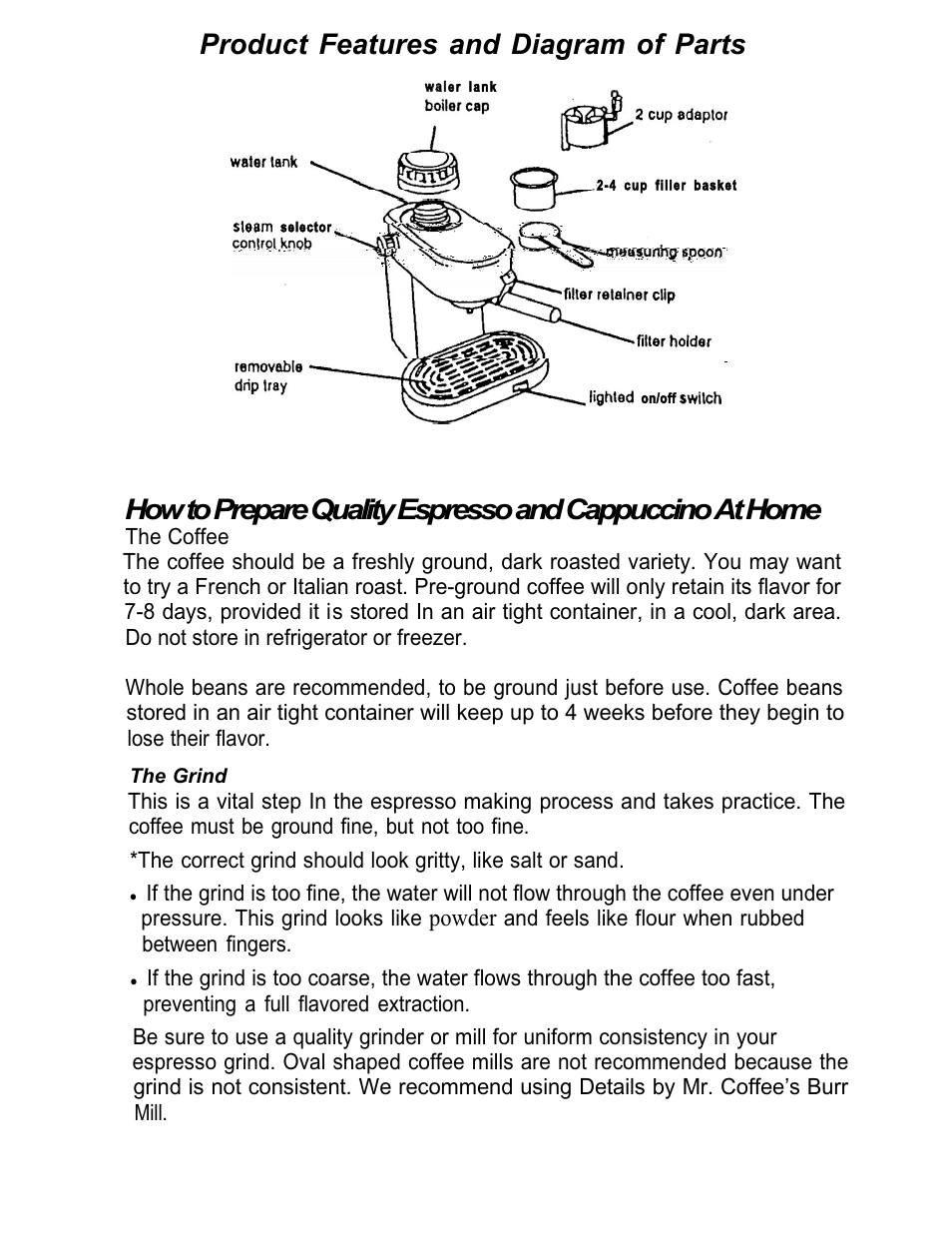 Product features and diagram of parts, Powder | Mr. Coffee ECM7 User Manual | Page 5 / 12