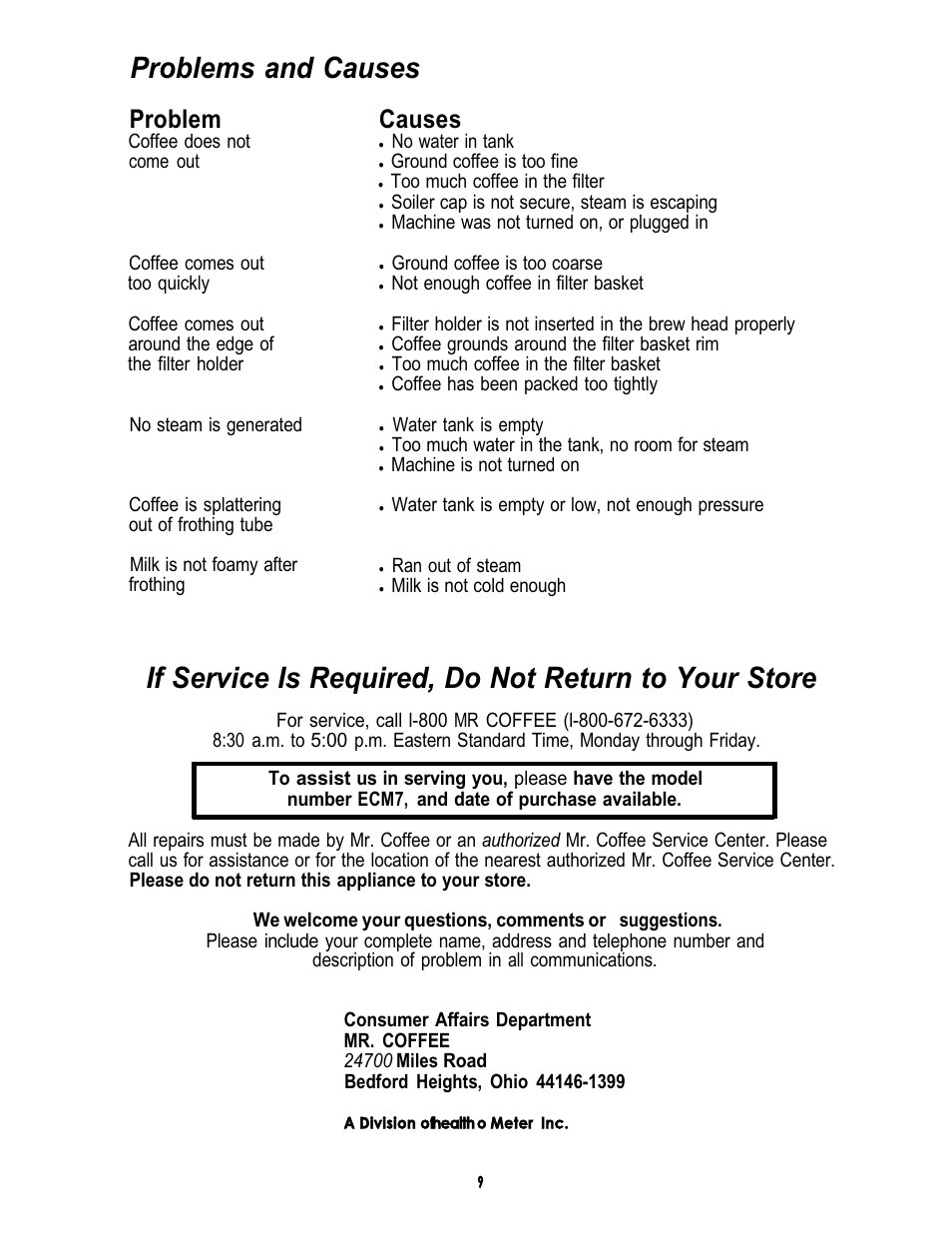 Problems and causes, Problem, Causes | Mr. Coffee ECM7 User Manual | Page 9 / 12