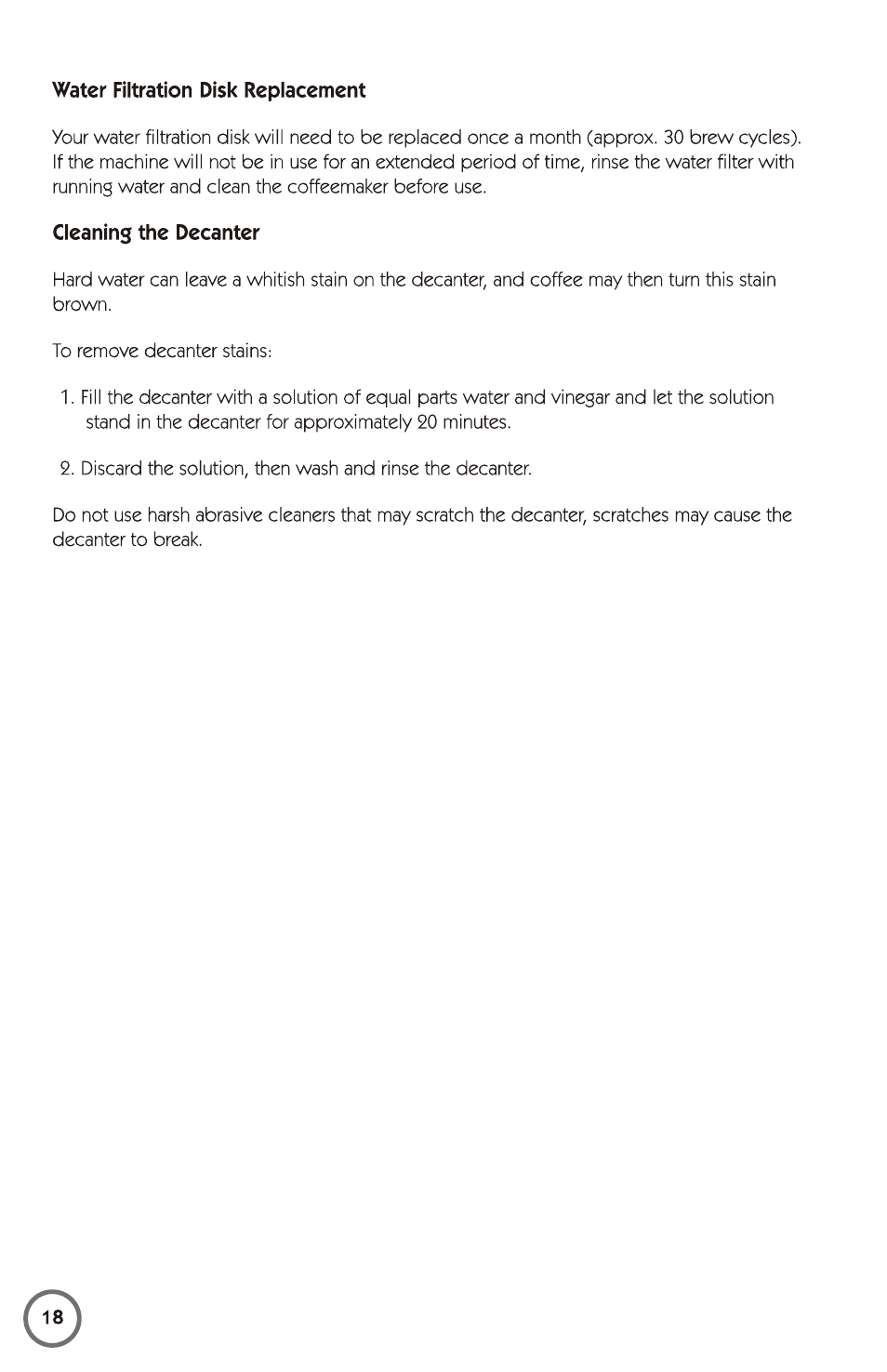 Water filtration disk replacement, Cleaning the decanter | Mr. Coffee 115949 User Manual | Page 18 / 44