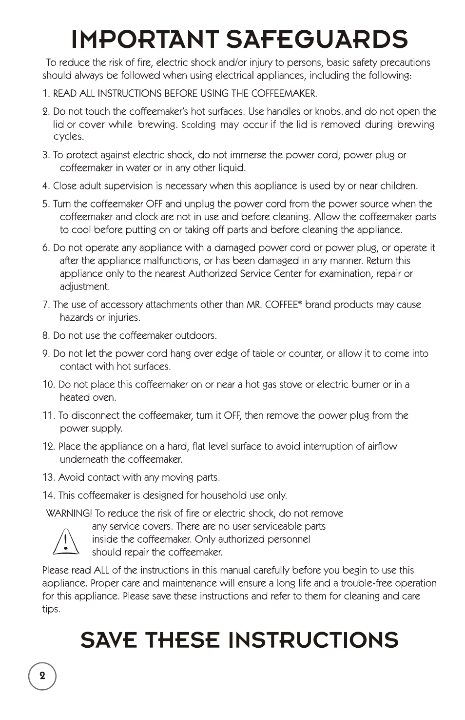 Save these instructions, Important safeguards | Mr. Coffee 115949 User Manual | Page 2 / 44