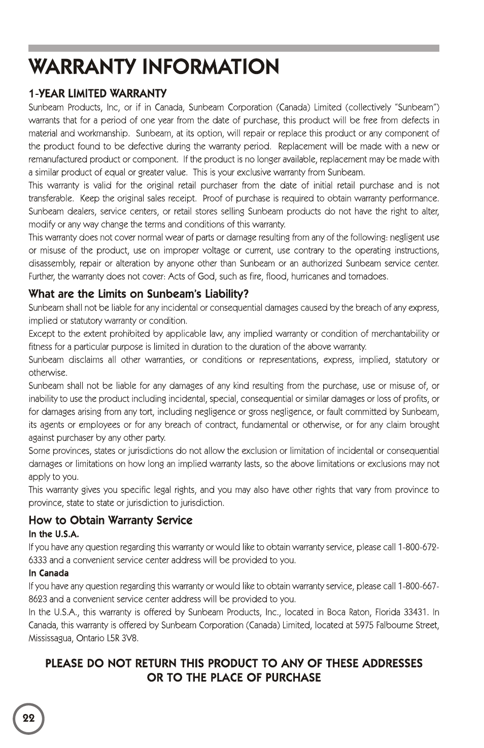 Warranty information, 1 -year limited warranty, What are the limits on sunbeam’s liability | How to obtain warranty service | Mr. Coffee 115949 User Manual | Page 22 / 44