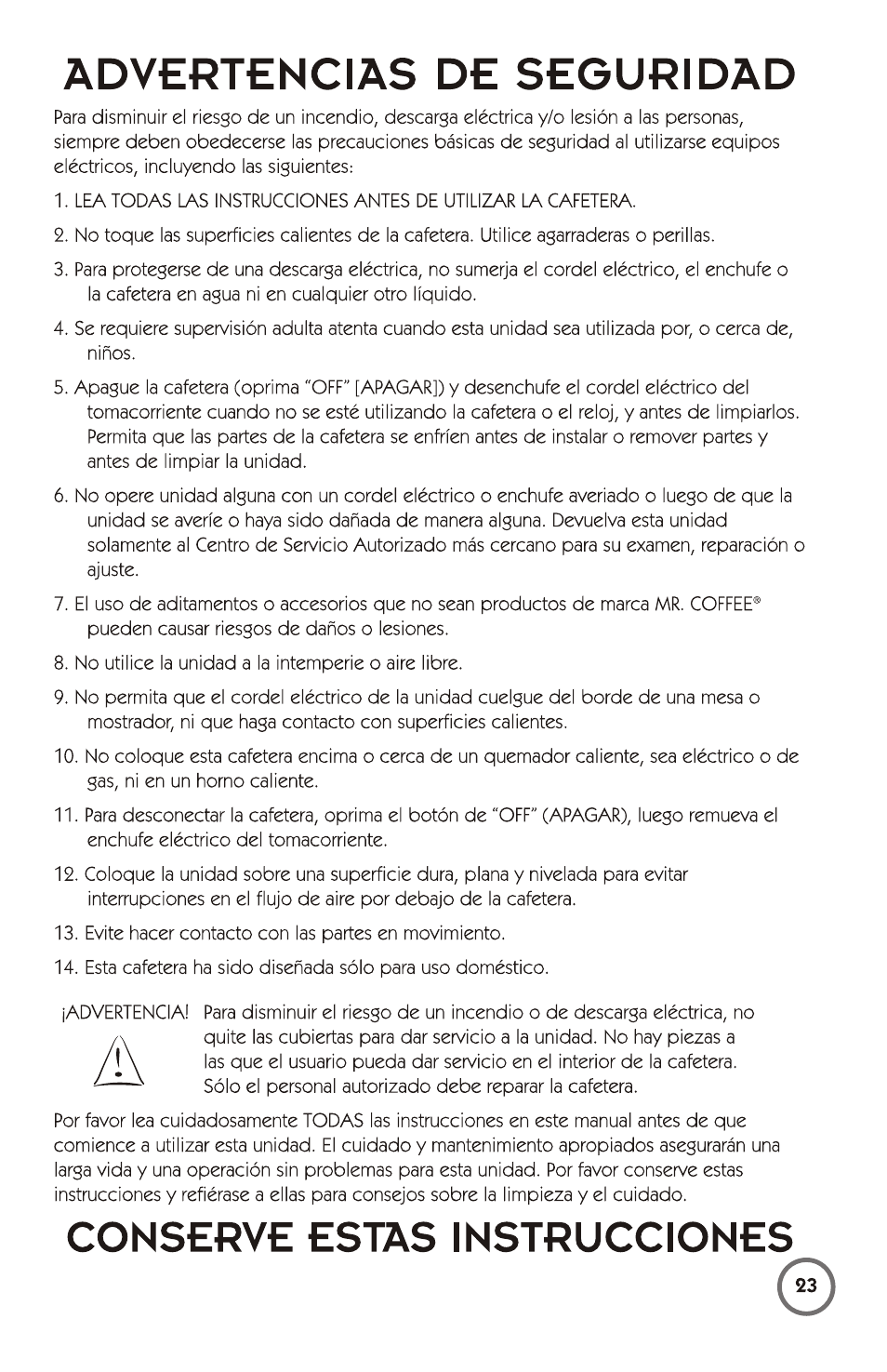 Advertencias de seguridad, Conserve estas instrucciones | Mr. Coffee 115949 User Manual | Page 23 / 44