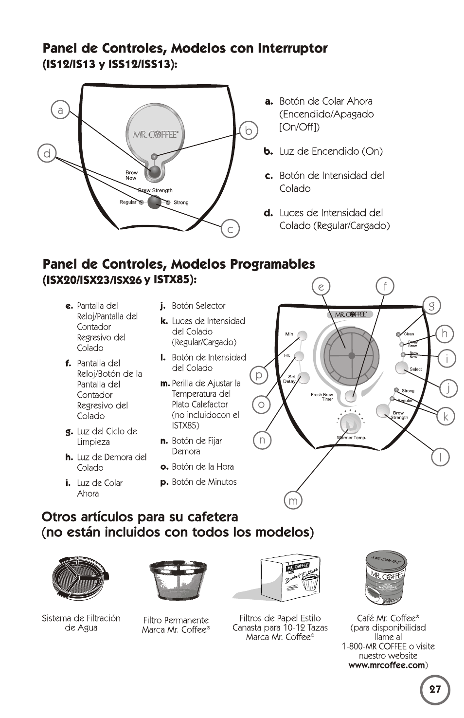 Panel de controles, modelos con interruptor, Panel de controles, modelos programables, Otros artículos para su cafetera | No están incluidos con todos ios modeios) | Mr. Coffee 115949 User Manual | Page 27 / 44