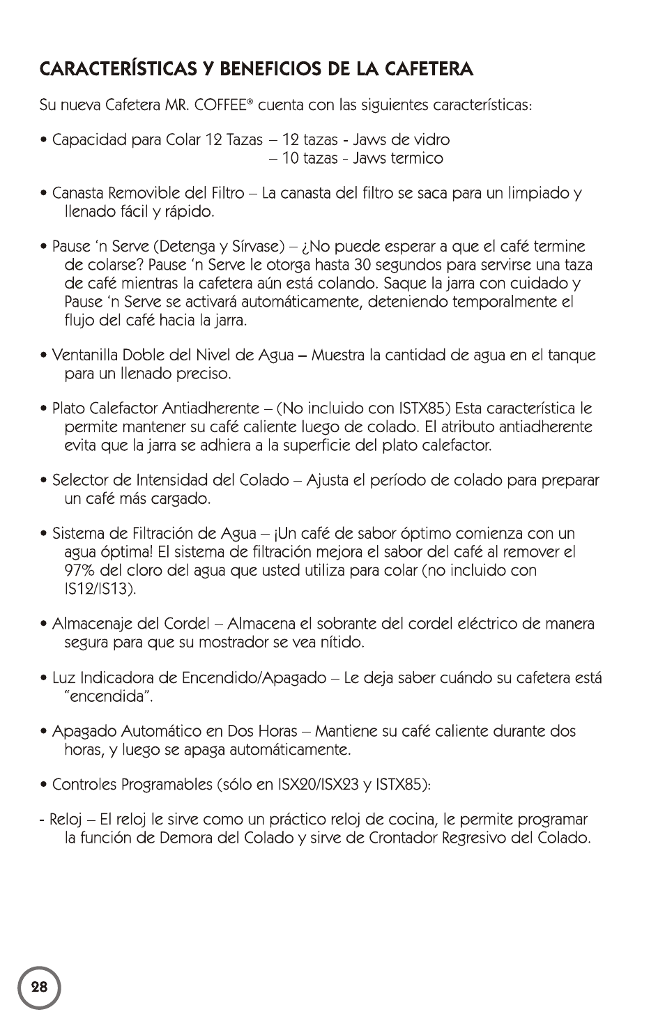 Características y beneficios de la cafetera | Mr. Coffee 115949 User Manual | Page 28 / 44