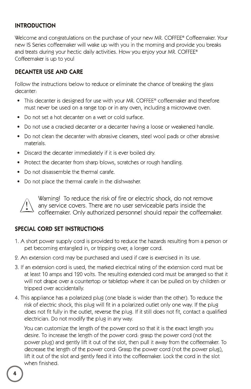 Introduaion, Decanter use and care, Special cord set instruaions | Mr. Coffee 115949 User Manual | Page 4 / 44