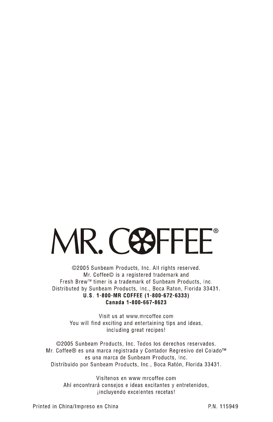 Mr. c®ffee | Mr. Coffee 115949 User Manual | Page 44 / 44