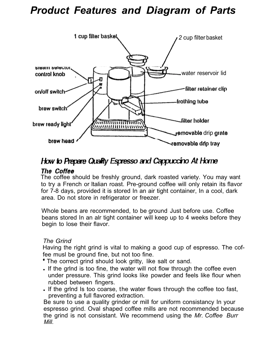 Product features and diagram of parts | Mr. Coffee ECMP2 User Manual | Page 5 / 12