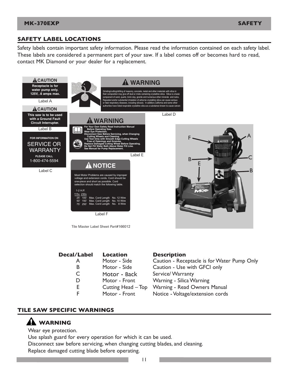 Otor, Tile saws, Warning | Notice, Service or warranty | MK Diamond Products MK-370EXP User Manual | Page 11 / 49
