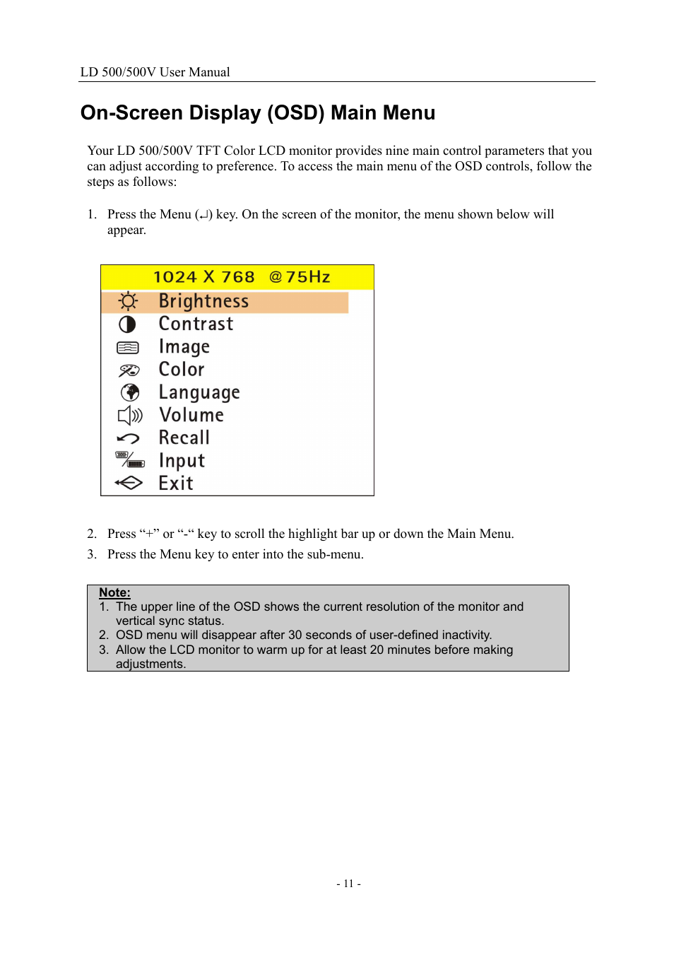 On-screen display (osd) main menu | Nesco LD 500/500V 15" User Manual | Page 11 / 18