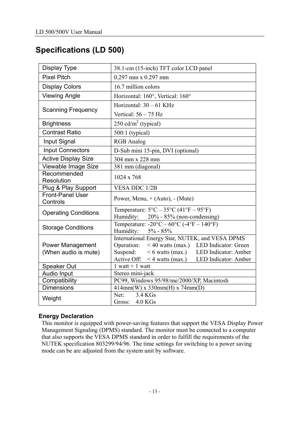 Specifications (ld 500), Energy declaration | Nesco LD 500/500V 15" User Manual | Page 13 / 18