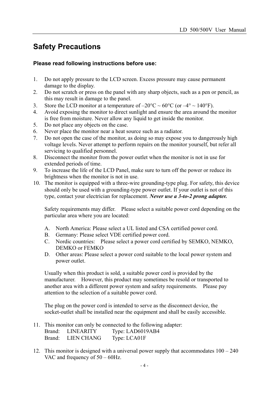 Safety precautions | Nesco LD 500/500V 15" User Manual | Page 4 / 18