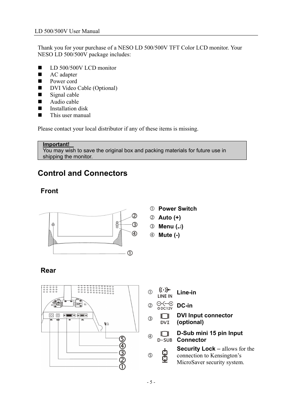 Control and connectors, Rear | Nesco LD 500/500V 15" User Manual | Page 5 / 18