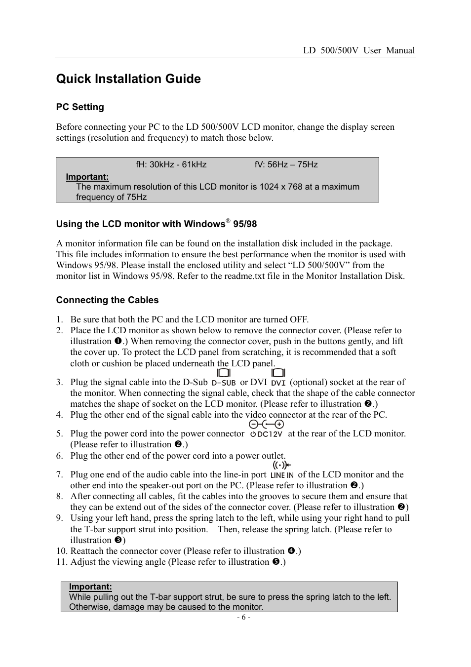 Quick installation guide, Pc setting, Using the lcd monitor with windows( 95/98 | Connecting the cables | Nesco LD 500/500V 15" User Manual | Page 6 / 18