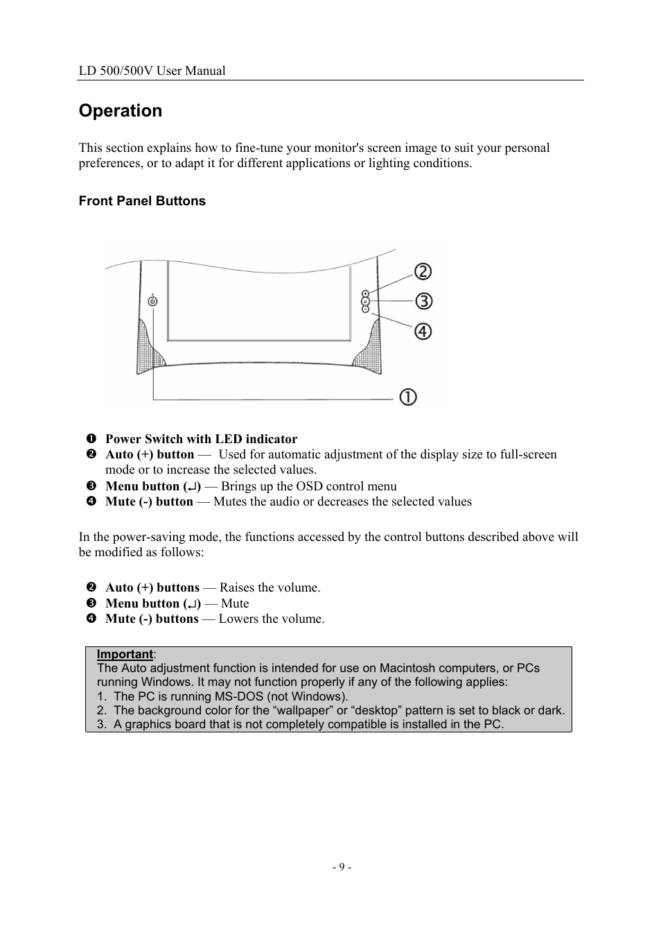 Operation, Front panel buttons, Operation front panel buttons | Nesco LD 500/500V 15" User Manual | Page 9 / 18