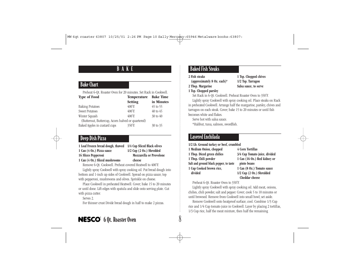 6 qt. roaster oven, Deep dish pizza, Baked fish steaks | Layered enchilada | Nesco 6-QT User Manual | Page 10 / 24