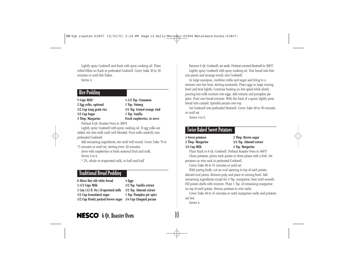 6 qt. roaster oven, Rice pudding, Traditional bread pudding | Twice baked sweet potatoes | Nesco 6-QT User Manual | Page 12 / 24