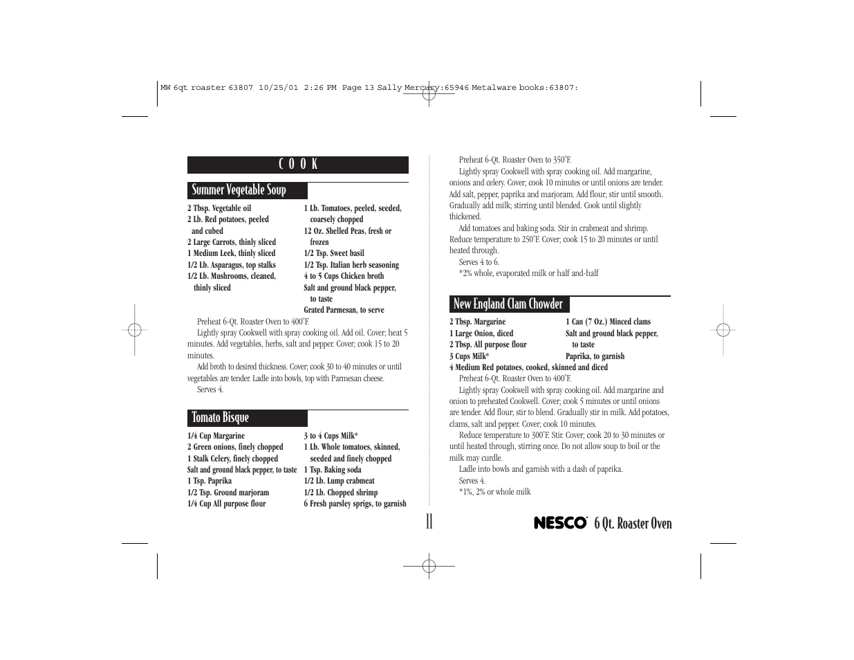 6 qt. roaster oven, Tomato bisque, New england clam chowder | Nesco 6-QT User Manual | Page 13 / 24