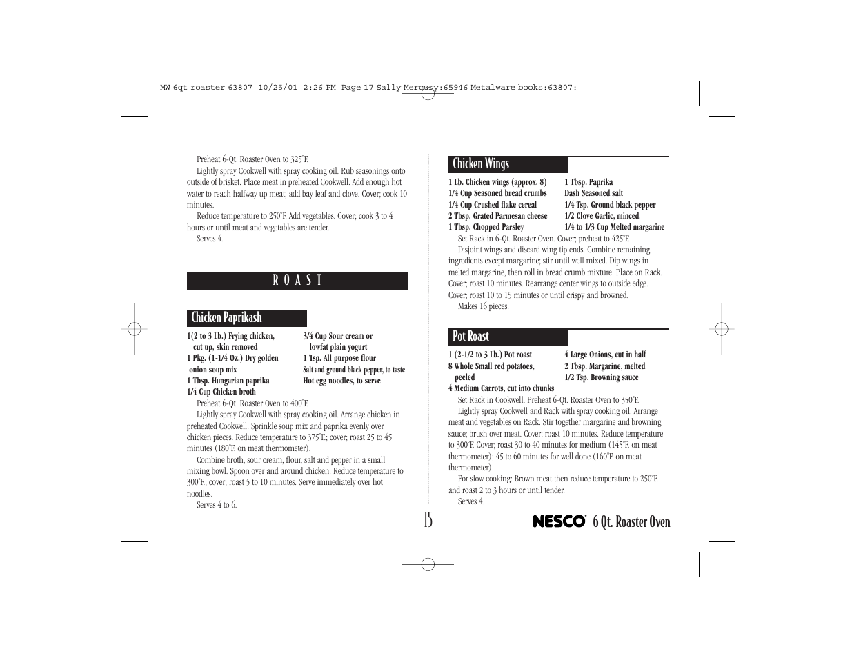 6 qt. roaster oven, Chicken wings, Pot roast | Nesco 6-QT User Manual | Page 17 / 24