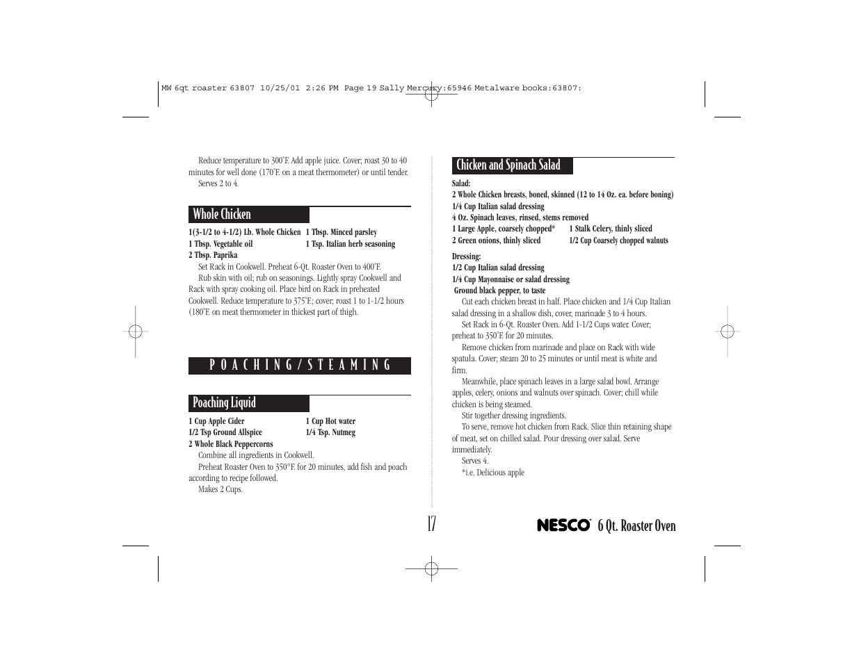 6 qt. roaster oven, Whole chicken, Chicken and spinach salad | Nesco 6-QT User Manual | Page 19 / 24