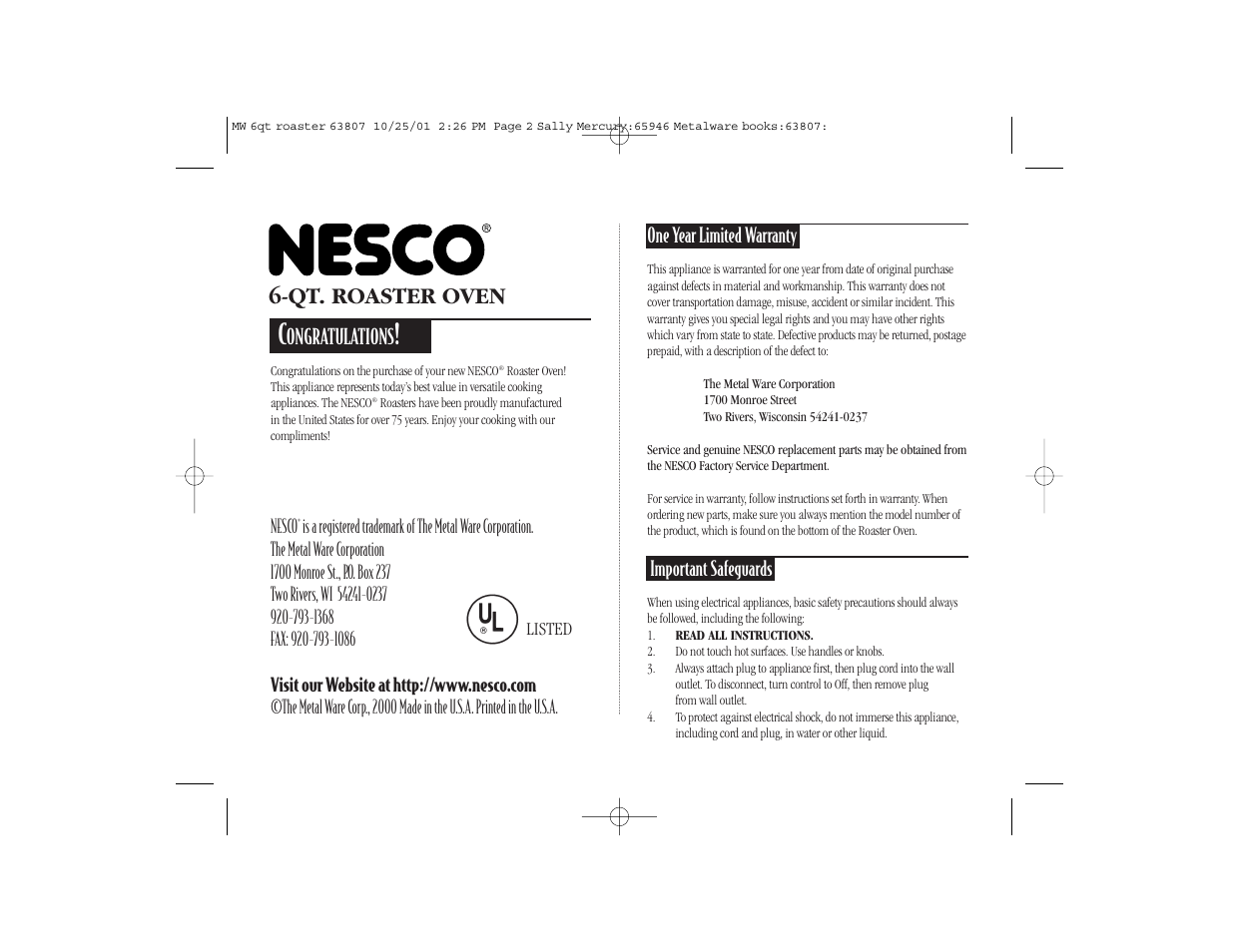 Qt. roaster oven, Ongratulations | Nesco 6-QT User Manual | Page 2 / 24