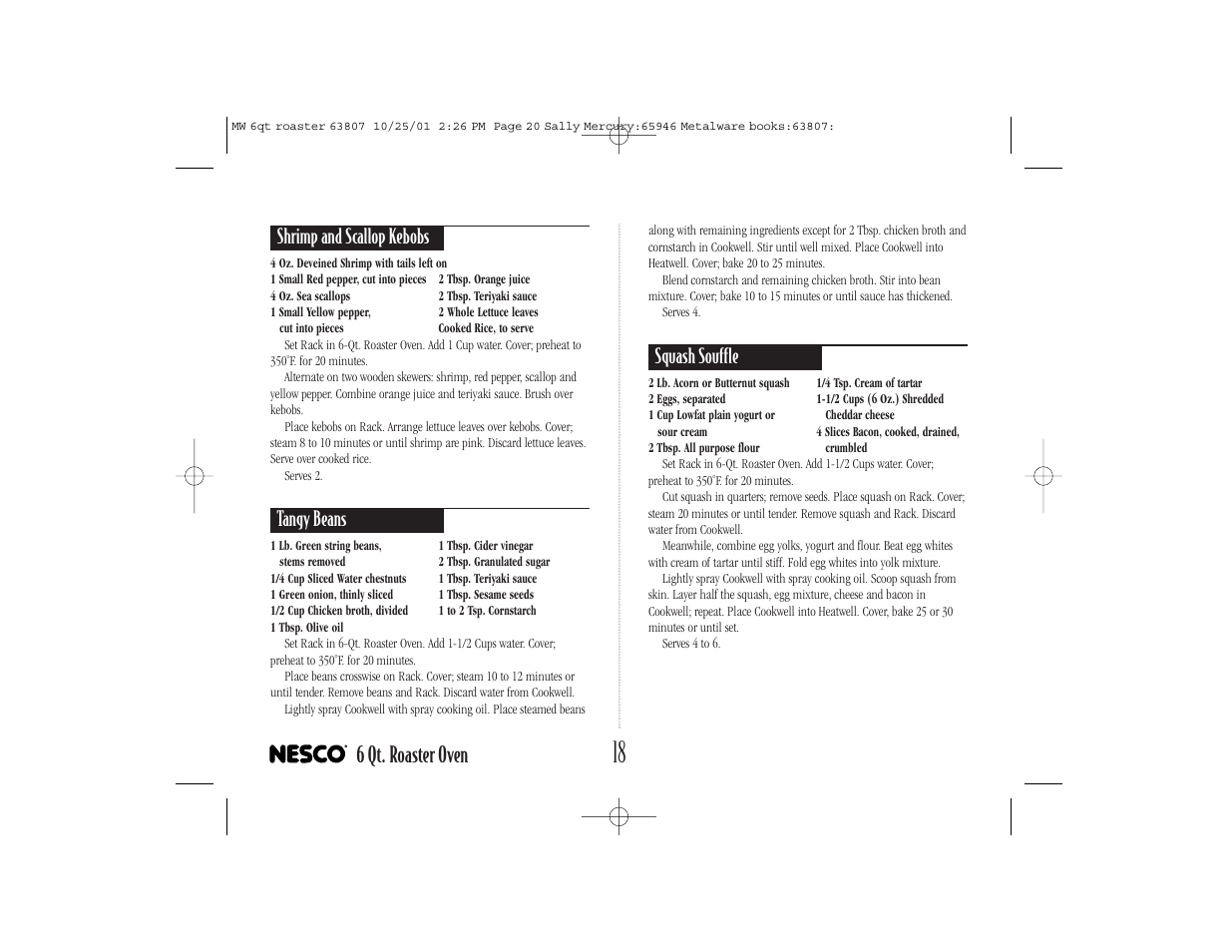 6 qt. roaster oven, Shrimp and scallop kebobs, Tangy beans | Squash souffle | Nesco 6-QT User Manual | Page 20 / 24